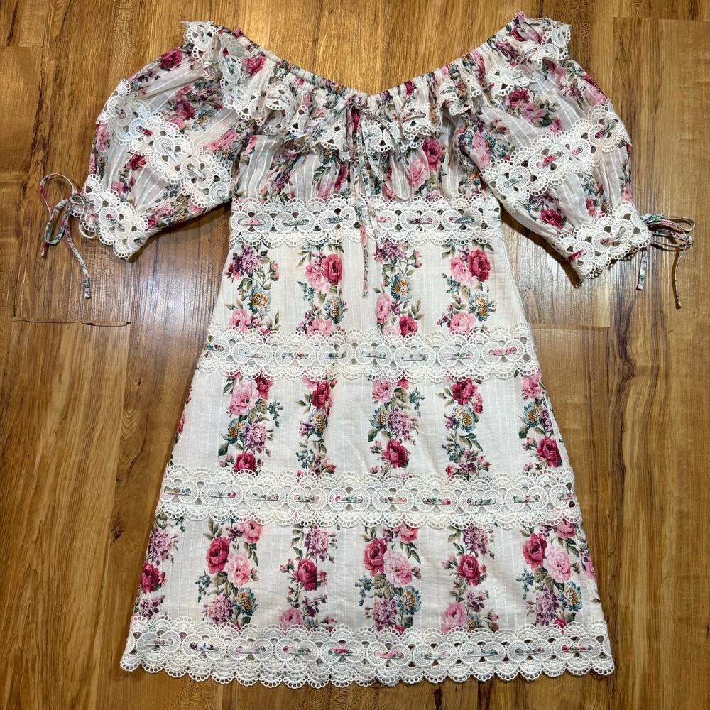 Zimmerman Honour Pintuck Panel Crochet Trim Pink Floral Off Shoulder Mini Dress - Picture 3 of 9